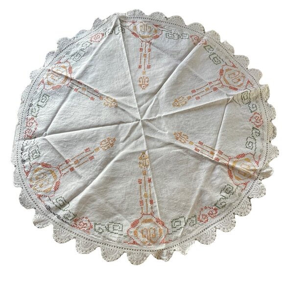 Round Embroidered Tablecloth Cross-Stitch Crocheted Scalloped Edges 38.5 Dia VTG - Picture 2 of 10
